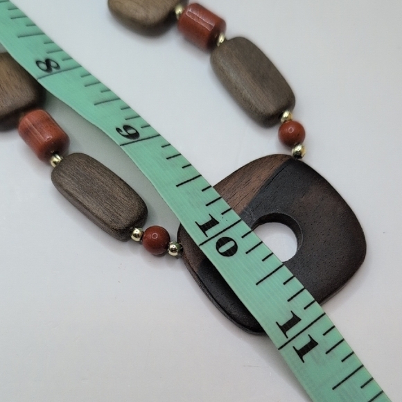 Boho Earthy Bead Necklace Brown Wood Square Pendant Long Statement Jewelry - Picture 5 of 5